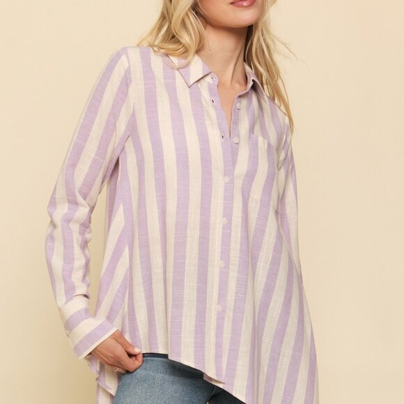 MYSTREE Striped Button Down Shirt, Lavender White Asymmetrical Hem Blouse - Picture 1 of 7